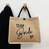SHEIN 1pc Reusable Khaki Tote Bag For Outdoor Use With TEAM Bride Letter Printed And Heart Shaped Design