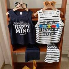 pcs Young Boy Casual Cute Animal And Letter Printed Striped Round Neck Sleeveless Vest Shorts Set And Blue Vest Shorts Set Suitable For Travel School  - Multicolor - 6Y,7Y,4Y,5Y