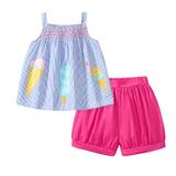 SHEIN Young Girls' Summer Knitted Blue Round Neck Ice Cream Patterned Vest And Pink Shorts Set For Casual Outings, 2-7 Years Old