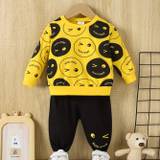 Toddler Baby Boy Trendy Happy Face Print Outfits, Long Sleeve Sweatshirt Casual Trousers Fall Winter Kids Tracksuit