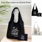 SHEIN 2pcs/Set Faith Over Fear Pattern Christian Printed Canvas Shopper Bag And Beauty Bag Set,Christmas Gifts For Christian Gift,Casual School Bag For Grad