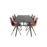 Sleek spisebordssæt spisebord udtræksbord længde cm 195 / 280 sort og 6 Polar stole PU kunstlæder brun.