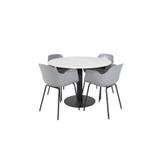 EstelleØ106WHBL spisebordssæt spisebord hvid, marmor og 4 Comfort stole grå.
