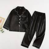 Boys 2pcs Pajamas Top & Elastic Waist Pants Black Color Long Sleeve Button Front Loungewear Comfy Casual Homewear Pj Set Kids Clothes