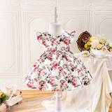 SHEIN Baby Girl Elegant Satin Printed Cap Sleeve Dress With Floral Pattern Suitable For Summer