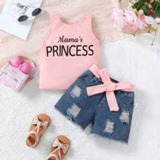 Baby Girls Casual And Cute Letter Print Vest And Ripped Denim Shorts - Multicolor - 6-9M,9-12M,12-18M,18-24M,2-3Y