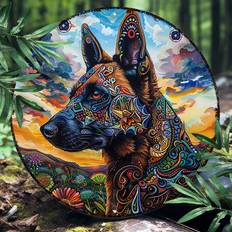 "mystic Pup" Belgian Malinois Mandala Art 8x8" Round Aluminum Sign - Durable & Uv Protected Metal Wall Decor For Indoor/outdoor Use
