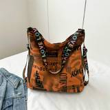 Vintage Alphabet Pattern Handbag Fashionable Crossbody Bag Womens Casual Tote Bag Shoulder Bag Backpack - Brown
