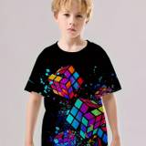 Boys And Girls Magic Cubic 3d Print Trendy T-shirt, Kids Cool Hip Hop Street Sports Casual Tops, Stylish Street Wear