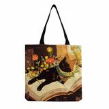 SHEIN Cute And Fashionable Book Cat Printed Tote Bag For Travel, Beach, Large Capacity, Adorable Animal Pattern Handbag, Casual Canvas Bag, Reusable Shoppin