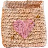 Rice Raffia Basket - Square - Natur with Pink Heart Embroidery - 14 cm