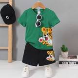 SHEIN Toddler Boys' Crewneck Cartoon Animal Patterned Top And Shorts Two-Piece Set