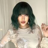 SHEIN Short Curly Wavy Bob Wig With Curtain Bangs Short Green Wigs For Women Bob Wig With Bangs Wavy Wig Bangs Body Wave Wig Colored Wavy Wigs For Women Gre
