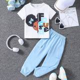 SHEIN Young Girl Spring/Summer Leisure Short Sleeve Top With Character And Letter Print & Workwear Trousers Set In Solid Color