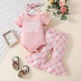 SHEIN Baby Girl Summer Set, Cute Triangle Romper With Slogan Print, Ice Cream & Polka Dot Bell-Bottom Pants, Headband 3pcs Outfit