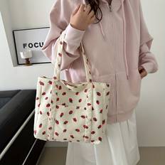 Canvas Tote Bag, Casual Shoulder Bag With Strawberry Print, Simple And Elegant Design
