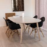 DT 100 - Spisebord i hvid laminat på krydsfiner og egetræsben med 1 tillægsplade, fire størrelser Bord med 1 tillægsplade, ø 120 cm + 1 x 50 cm.