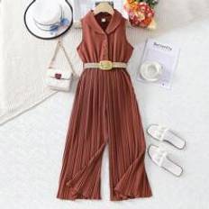 Tween Girl Elegant And  Sleeveless Jumpsuit With Shawl Collar Pleated Hem And Woven Belt - Coffee Brown - 8Y,9Y,10Y,11-12Y