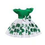 SHEIN Young Girls' Clover Print Cap Sleeve Dress With Satin Contrast And Bowknot Detail, Fresh Princess Style Outfit For St. Patrick's Day, Birthday Party