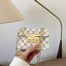 Classic Flip Gold Hardware Lock New Design Womens Lipstick Case Fashion Mini Bag Vintage Monogram Chain Shoulder Crossbody Bag Suitable For Girls - White