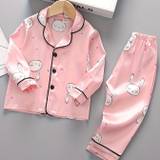 Baby Girls Cute Rabbit Pattern Fashion Long Sleeve Button Up Top + Pants Set, Satin Loungewear