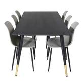 VENTURE DESIGN Dipp spisebordssæt, m. 6 stole - sort finer/messing/sort metal, grå plastik/sort jern