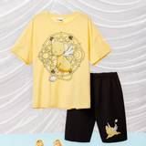 SHEIN Tween Girl Magic Cartoon Print Drop-Shoulder Loose Casual T-Shirt And Cycling Shorts Set For Summer