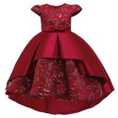 Young Girl Solid Satin Dress With Embroidered Floral  Gorgeous Flower Girl Dress - Burgundy - 6Y,7Y,8Y,4Y,5Y
