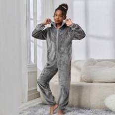 Tween Girls Warm Winter Leisure Knitted Solid Color Hooded Pajamas Jumpsuit - Dark Grey - 8Y,9Y,10Y,11Y,12Y