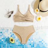 SHEIN Tween Girls Vacation Beach & Swimming Pool Solid Texture Swimsuit Set