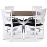 Skagen spisebordssæt; rundt spisebord Ø120 cm - Hvid/brunolieret eg med 4 Fårö stole (Ribber i ryggen) med sort PU-sæde