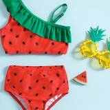 2pcs Toddler's Lovely Watermelon Themed Bikini Set, Stretchy Ruffle Decor One-shoulder Bathing Suit, Baby Girl's Swimsuit For Summer Beach Holiday