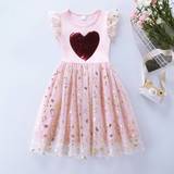 Young Girl Mothers Day Valentines Day Heart Shaped Bead Embroidery Patchwork Mesh Flying Sleeve Dress With Gold Foil Print - Baby Pink - 6Y,7Y,8Y,4Y,5Y