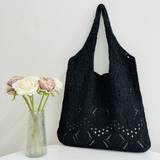 Simple Hollow Out Knitted Tote Bag Fashionable Womens Shoulder Bag For Beach Crochet Woven Handbag - Black
