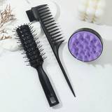SHEIN Hair Care Styling 3-Piece Set With Silicone Massage Shampoo Brush, Volumizing Comb, Hair Tie Brush And Rat Tail Comb, For Wet And Dry Hair Styling