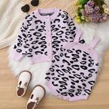 Baby Girls Leopard Pattern Button Up Cardigan And Knitted Cami Romper Set - Purple - 6-9M,9-12M,12-18M,3-6M