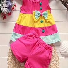 Stylish Color Block Outfit - Cute Bow Puffy Hem Vest & Pocket Shorts Two-piece Set Toddler Baby Clothes