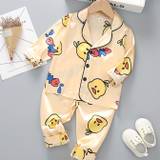 Toddler Boy's Satin Outfit 2pcs, Duck Pattern Top & Pants Set, Kid's Loungewear For Spring Fall