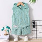SHEIN 2pcs Young Boys' Coconut Tree Woven Label Decoration With Satin And Plaid Hooded Wide Shoulder Vest And Shorts Set For Vacation