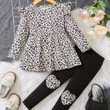 Girl's Leopard Pattern Outfit 2pcs, Ruffle Decor Peplum Top & Heart Graphic Leggings Set, Kid's Clothes For Spring Fall