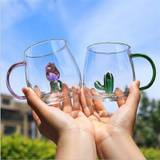 SHEIN 1pc 3d Shaped Glass Cup With Handle (Cactus/Dolphin/Rose), High Borosilicate Single Layer Transparent Milk/Juice Cup For Home Use
