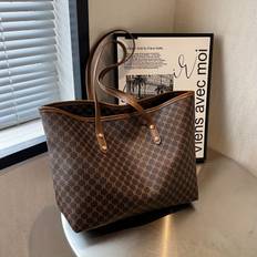 Retro Geometric Print Tote Bag, Large Capacity Shoulder Bag, Women's Pu Leather Handbag For School Work Shopping