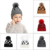 Knitting Hat Baby Leopard Hat Warm Protective Borderless Comfortable Breathable Round Velvet Balls Kids Hats - A