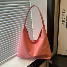 Retro Solid Color Tote Bag Soft Leather PU Shoulder Bag Womens Hobo Handbag For Commuting And Shopping - Pink