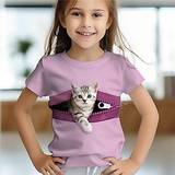 Pige 3D Kat T-shirt Skjorter Pink Kortærmet 3D-udskrivning Sommer Aktiv Mode Sød Stil Polyester Børn 3-12 år Rund hals udendørs Afslappet Daglig Regulær Lightinthebox
