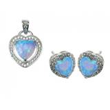 Hjerte - Blå Opal Smykkesæt med øreringe og vedhæng med blå sne opal sten, 925 Sterling sølv,...