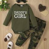 2pcs Cute Baby Girls Cotton Long Sleeve Round Neck Romper Top & Camouflage Trousers Plus Headband Set Daddy'sgirl Letter Print Casual Kids Clothes