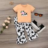 SHEIN Baby Girl Western Style Cow Pattern Orange T-Shirt Top & Elastic Waist Cow Print Denim Bell Bottom Jeans Set