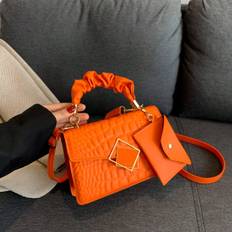 New SpringSummer Vintage Crocodile Pattern Solid Color Pu Mini Square Handbag For Women Comes With Small Bag Pendant - Orange