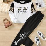 Girls Eyelashes Leopard Print Stitching Long Sleeve Hoodie & Letter Print Trousers 2pcs Kids Clothes